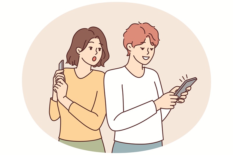 Illustration de deux personnes sur leur téléphone affichant des publicités Facebook