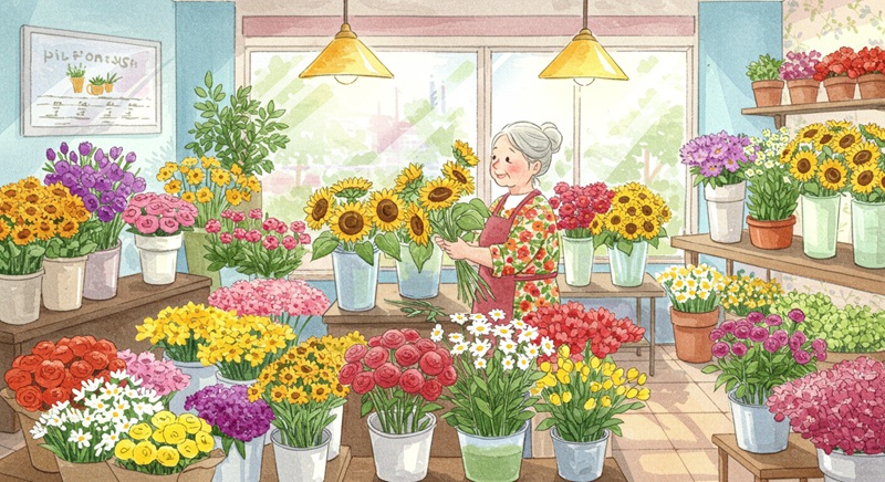 Illustration d’une femme âgée travaillant dans un magasin de fleurs.